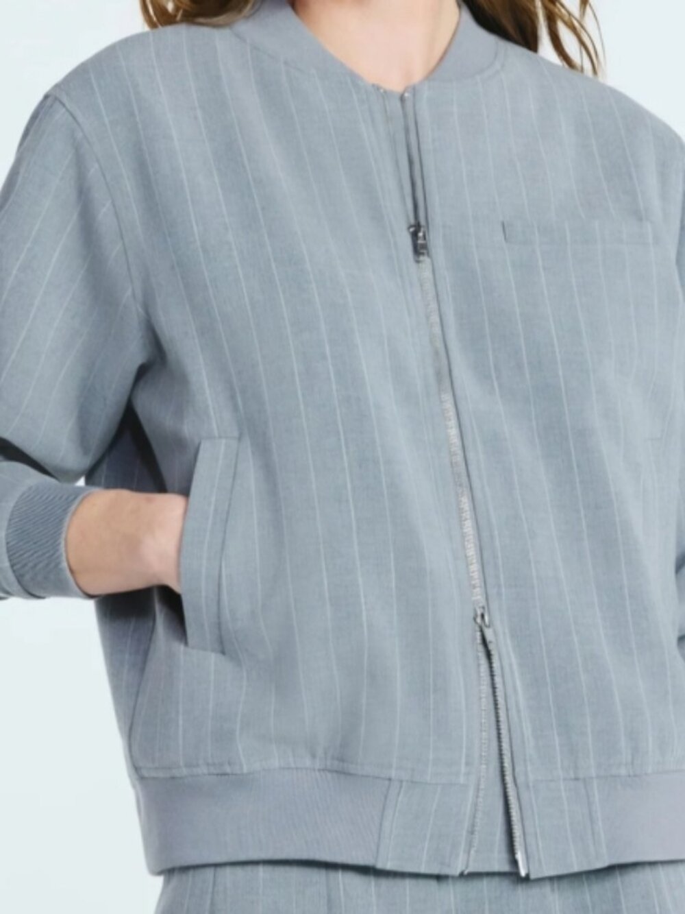 Scoop Women Gray Pinstripe Bomber Jacket NWT.